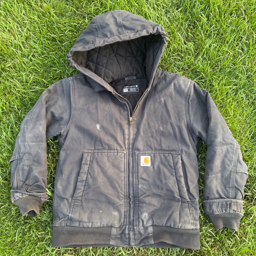 A- Carhartt Boys Active Jacket Black Flannel Lined Hooded OJ8545-B Size M 10